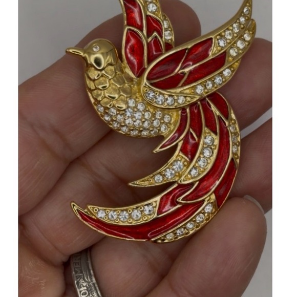 Vintage 90s Giorgio Bird Brooch Red Enamel Cubic Zirconias Gold Tone Plated Nwot - Picture 8 of 9